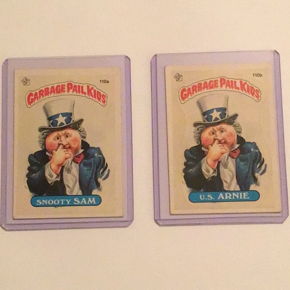 1986 Garbage Pail Kids Cards - Snooty Sam # 110 a & U.S. Arnie 110 b